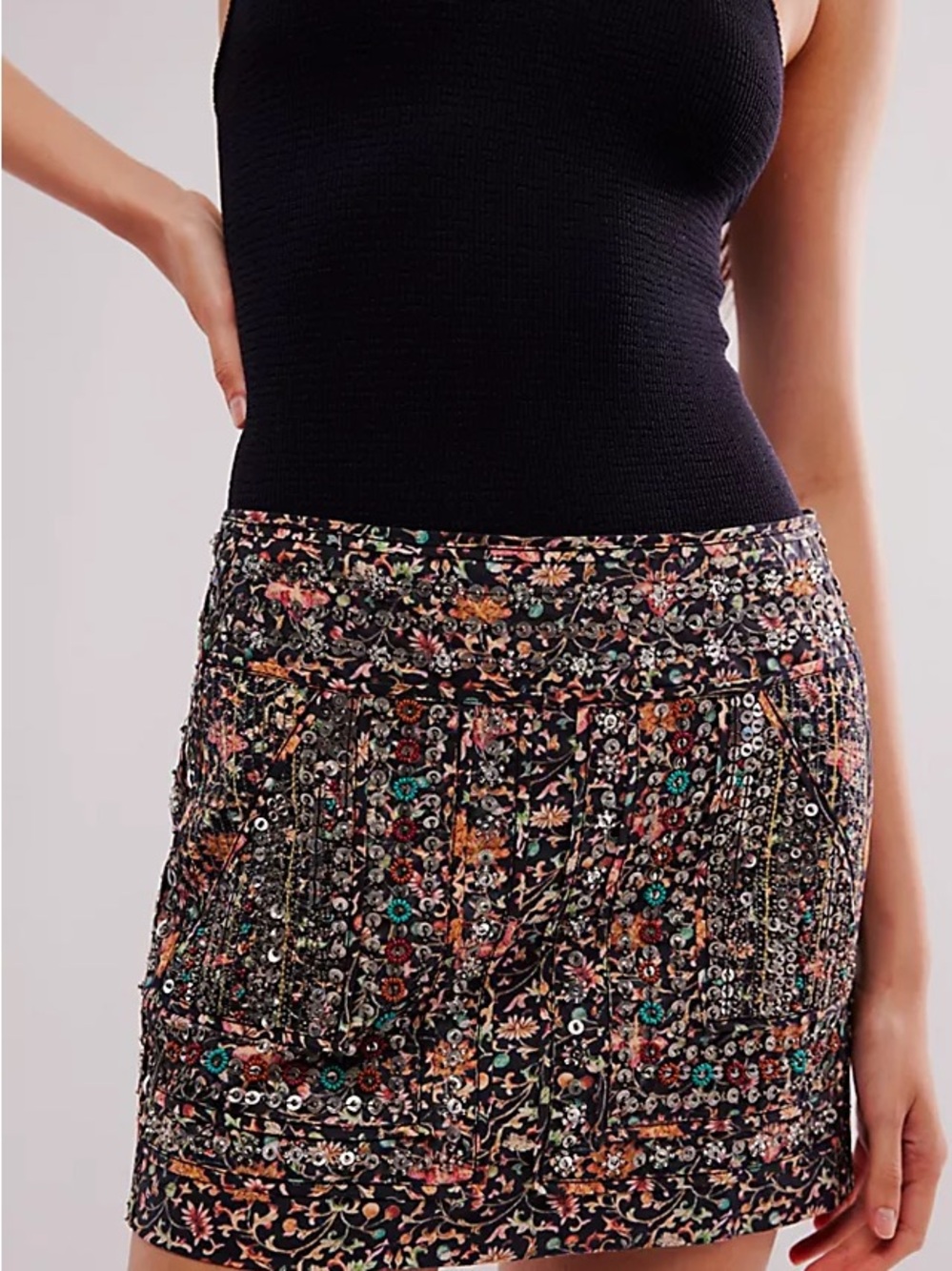 Free People Black Multi Floral Sequin Mini Skirt